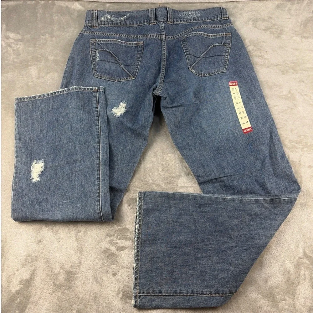 Guess Jeans Mens 38x32 Distressed Wide Leg Blue Denim Patch Pocket NWT